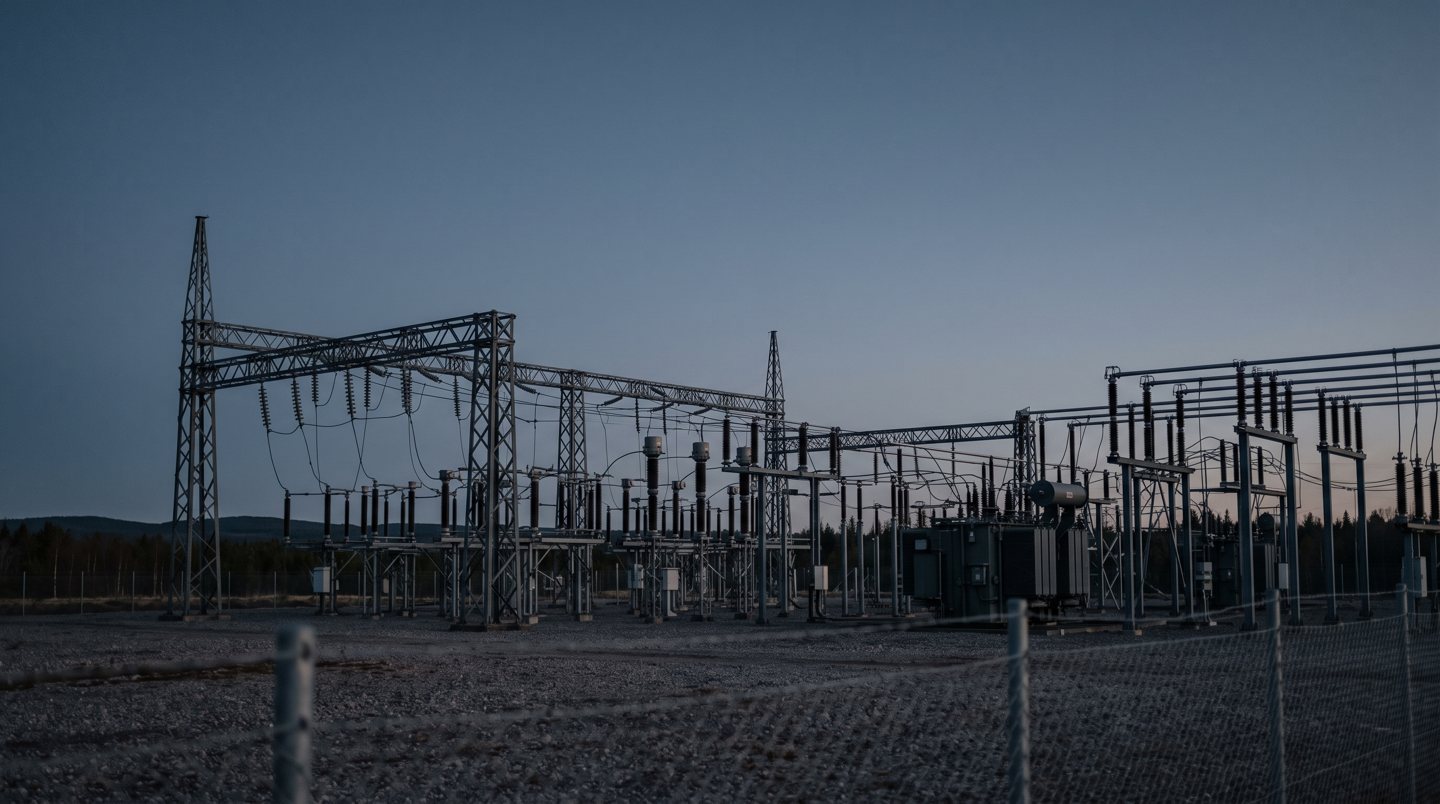 High-voltage substation at dusk