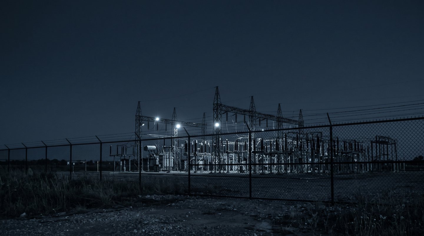 A substation lit at night