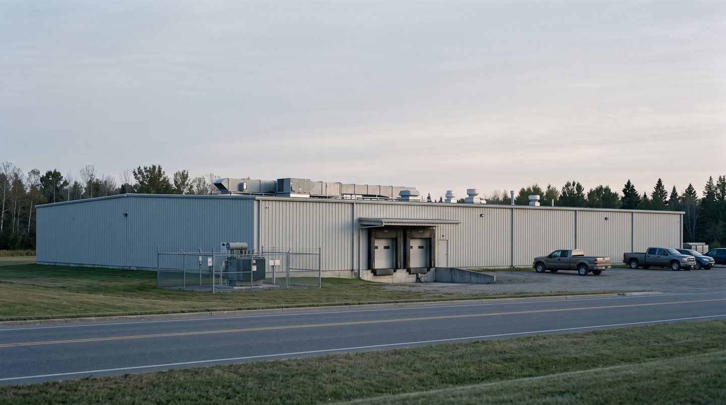 A mid-sized plant with rooftop units and a fenced transformer yard