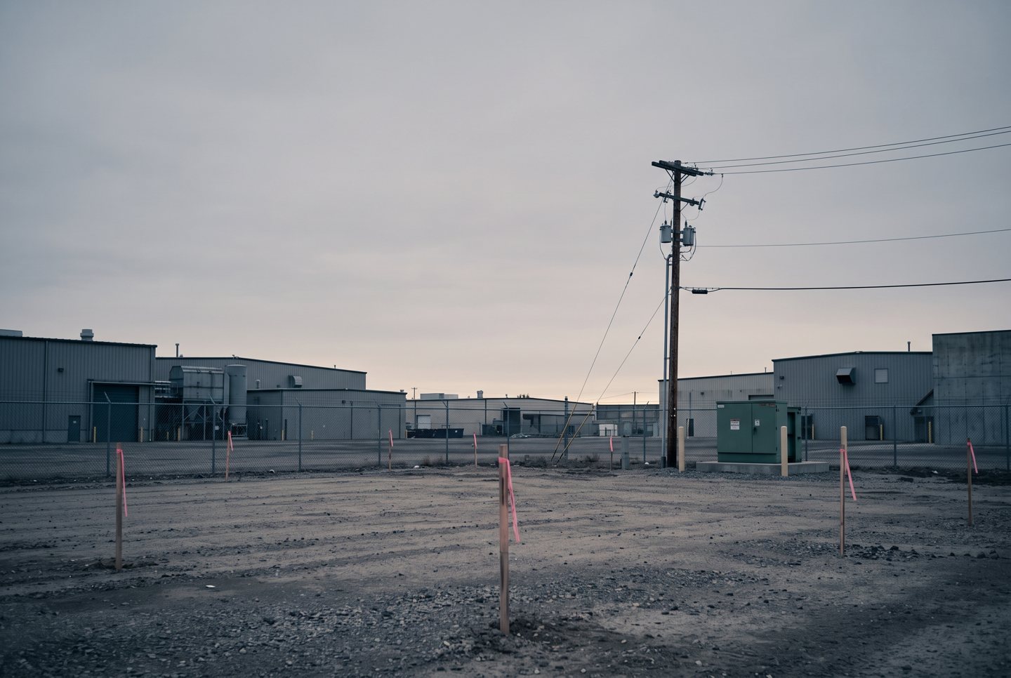 A surveyed and staked industrial lot, still empty