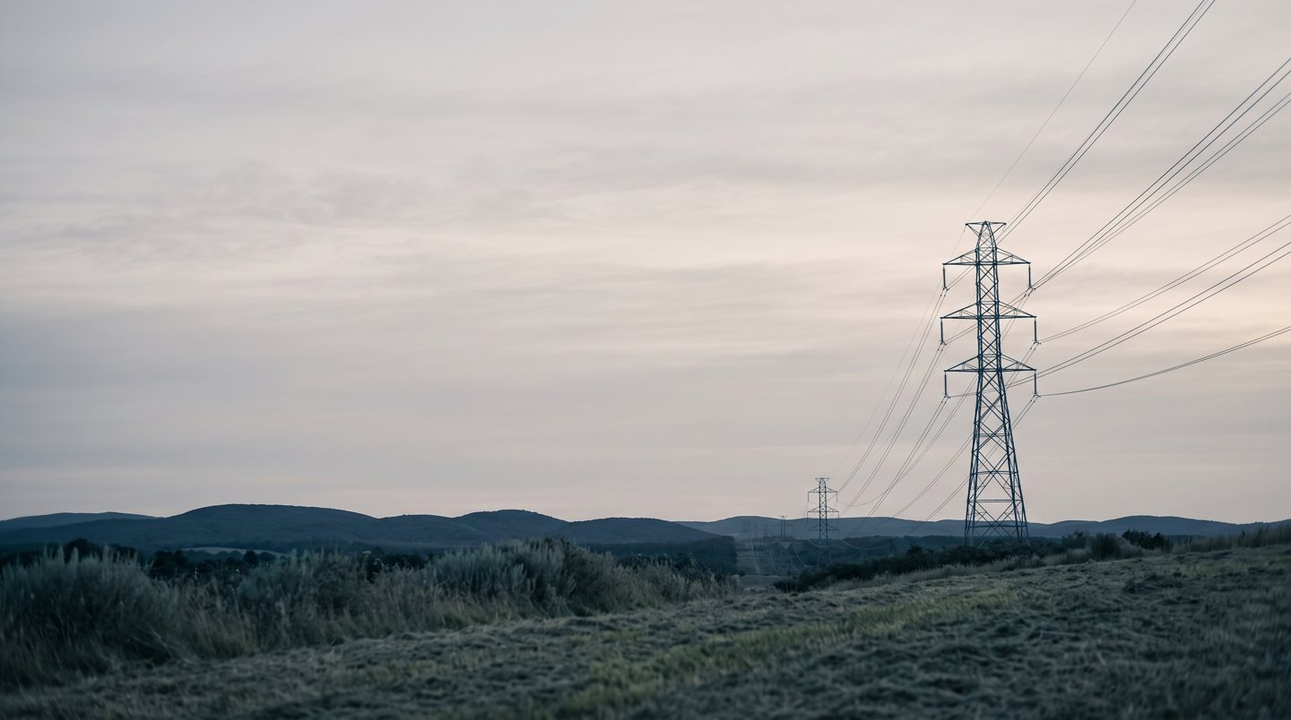 A transmission tower against an overcast sky